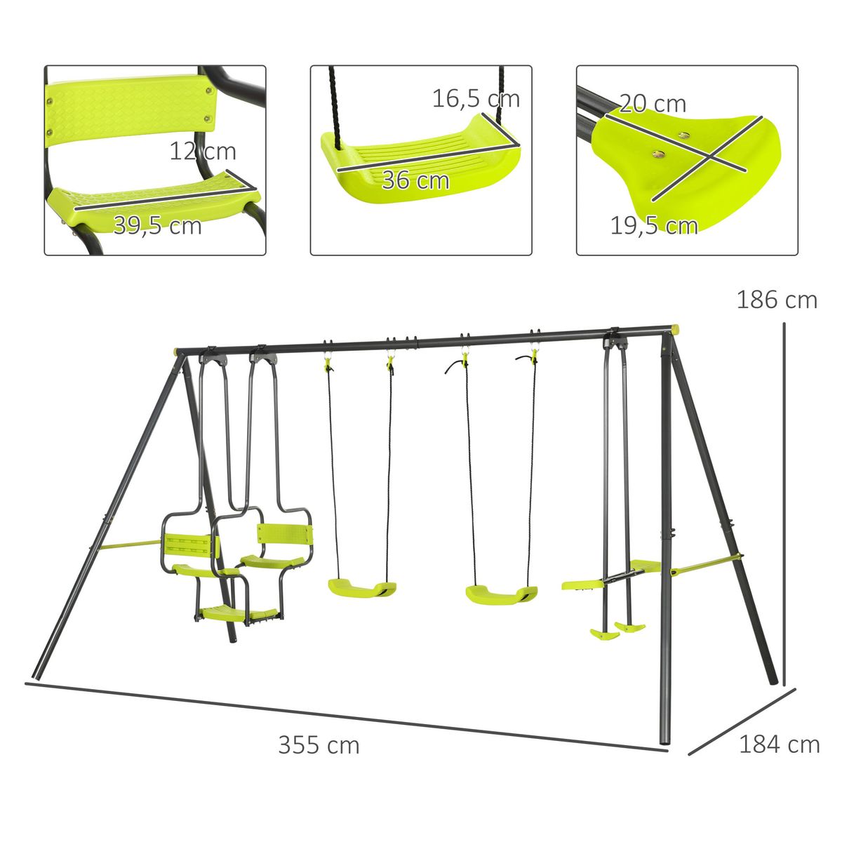Columpio-infantil-Fauna-Outsunny-6-asientos--3A-verde-186x355x184-cm-medidas