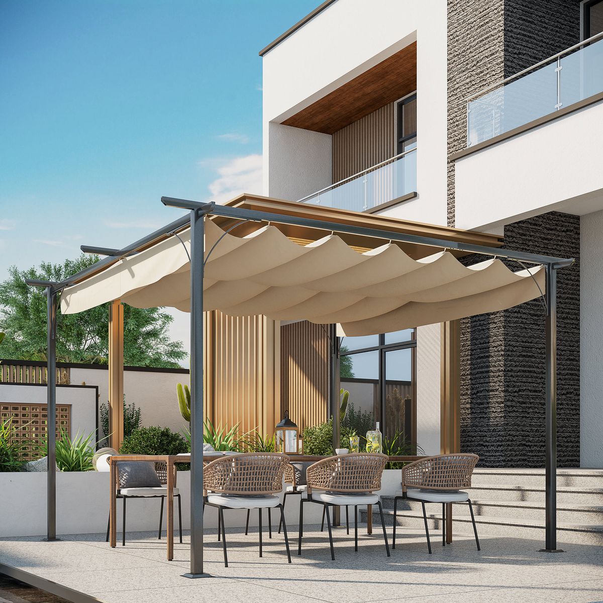 Pergola-Topo-Outsunny-techo-retractil-beige-230x350x350-cm-ambientada