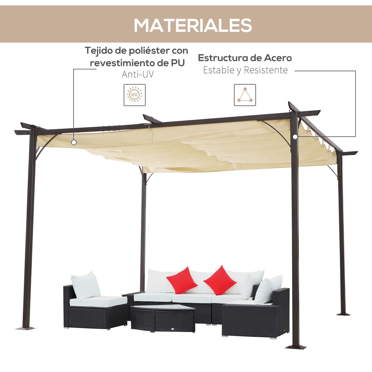 Pergola-Topo-Outsunny-techo-retractil-beige-230x350x350-cm