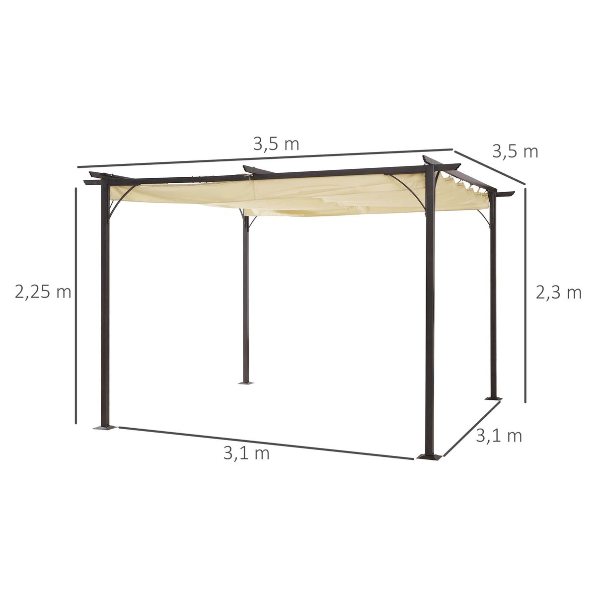 Pergola-Topo-Outsunny-techo-retractil-beige-230x350x350-cm-medidas