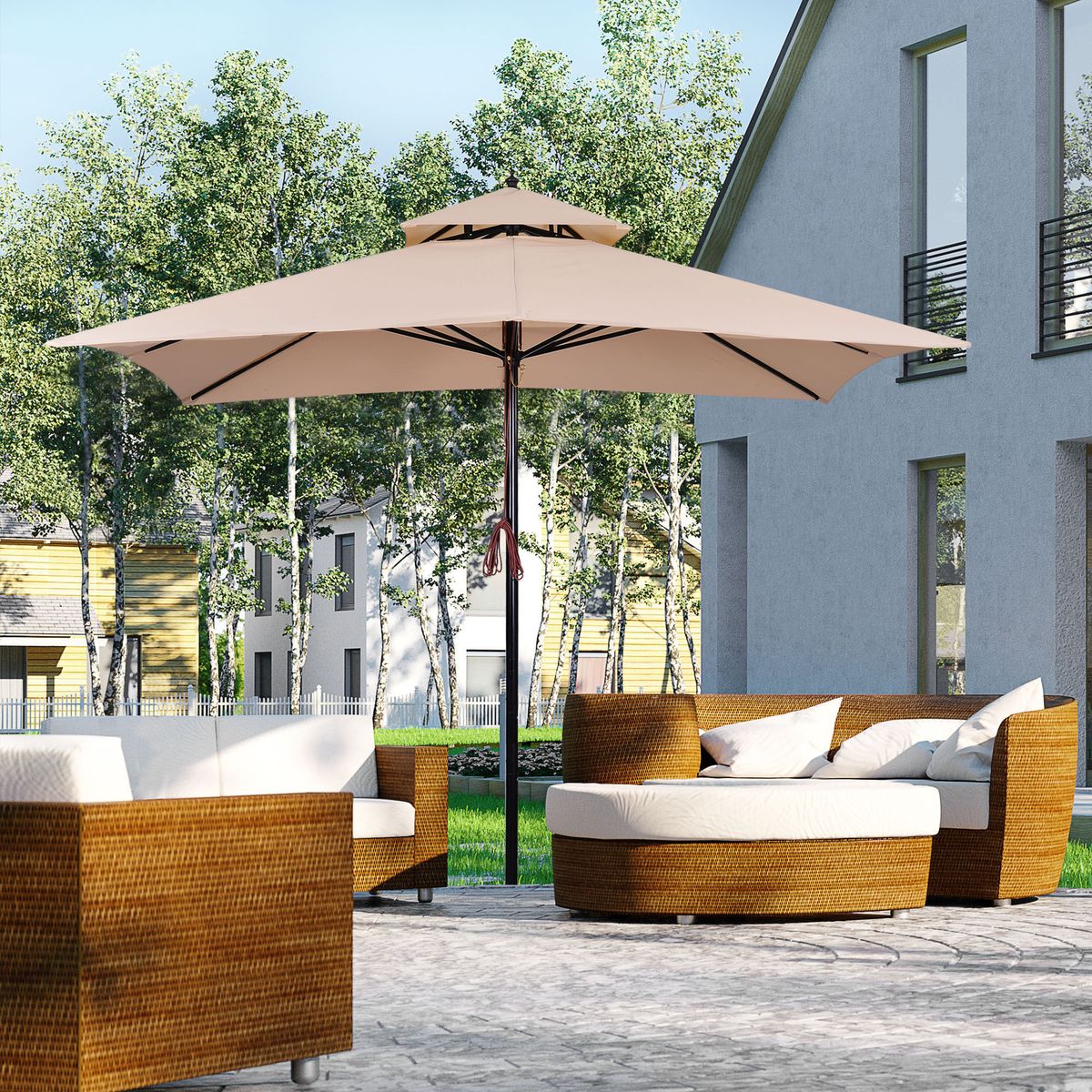 Sombrilla-Rhio-Outsunny-8-varillas-doble-techo-beige-297x300x300-cm-ambientada