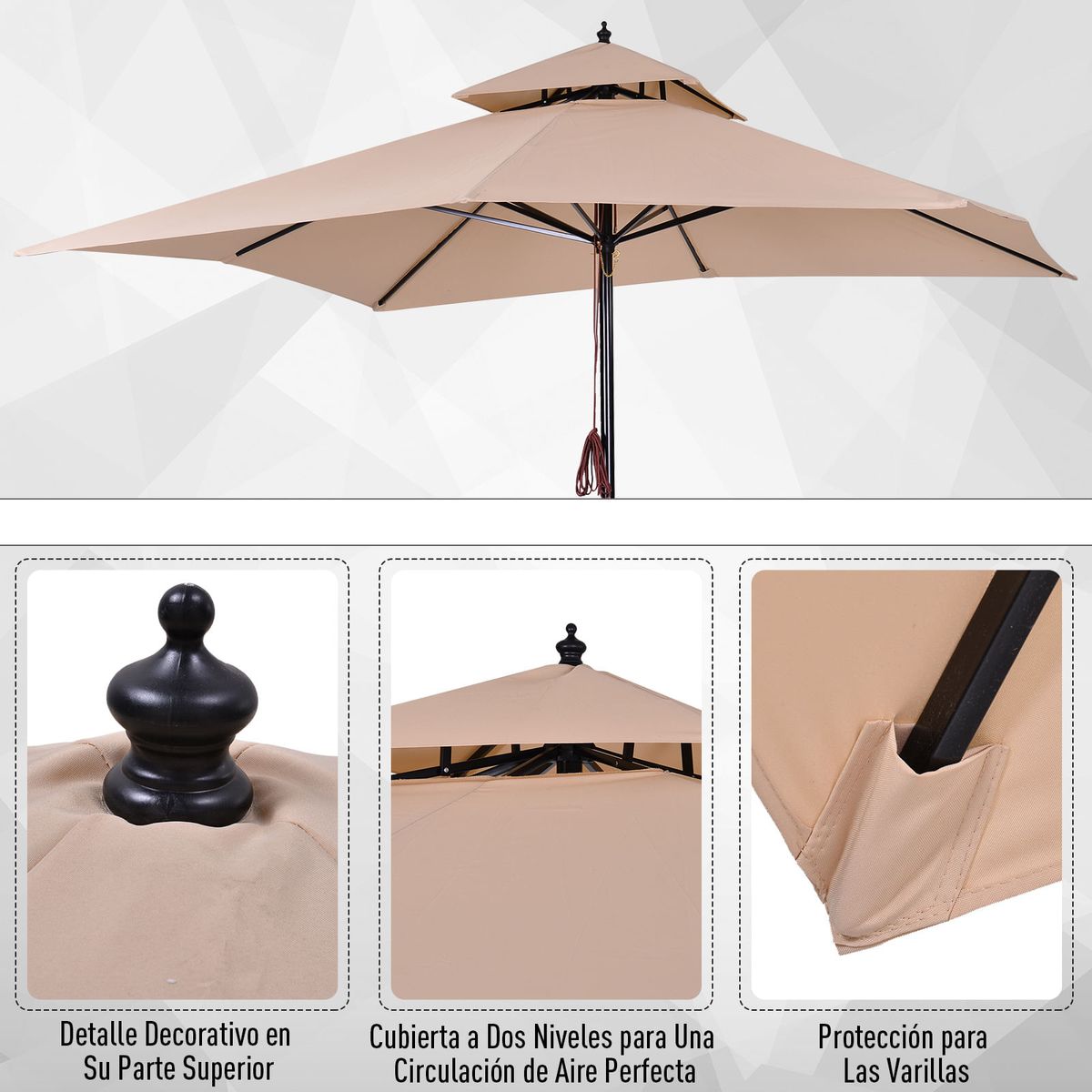 Sombrilla-Rhio-Outsunny-8-varillas-doble-techo-beige-297x300x300-cm