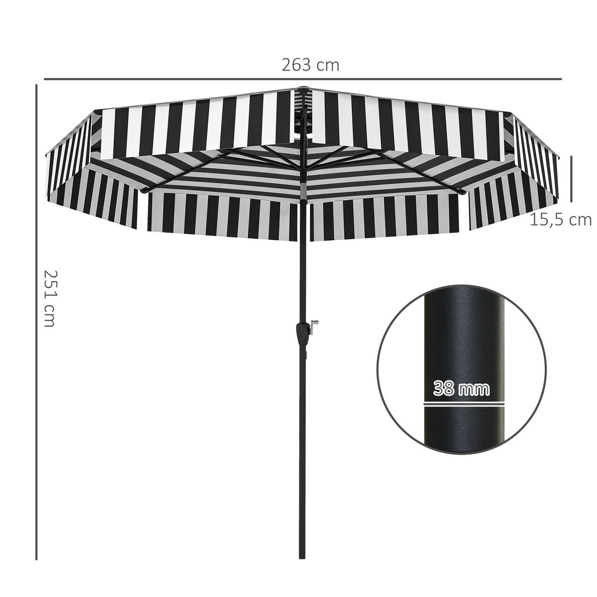 Sombrilla-Zebra-Outsunny-inclinable-doble-techo-blanco-negro-Ø263x251-cm-medidas