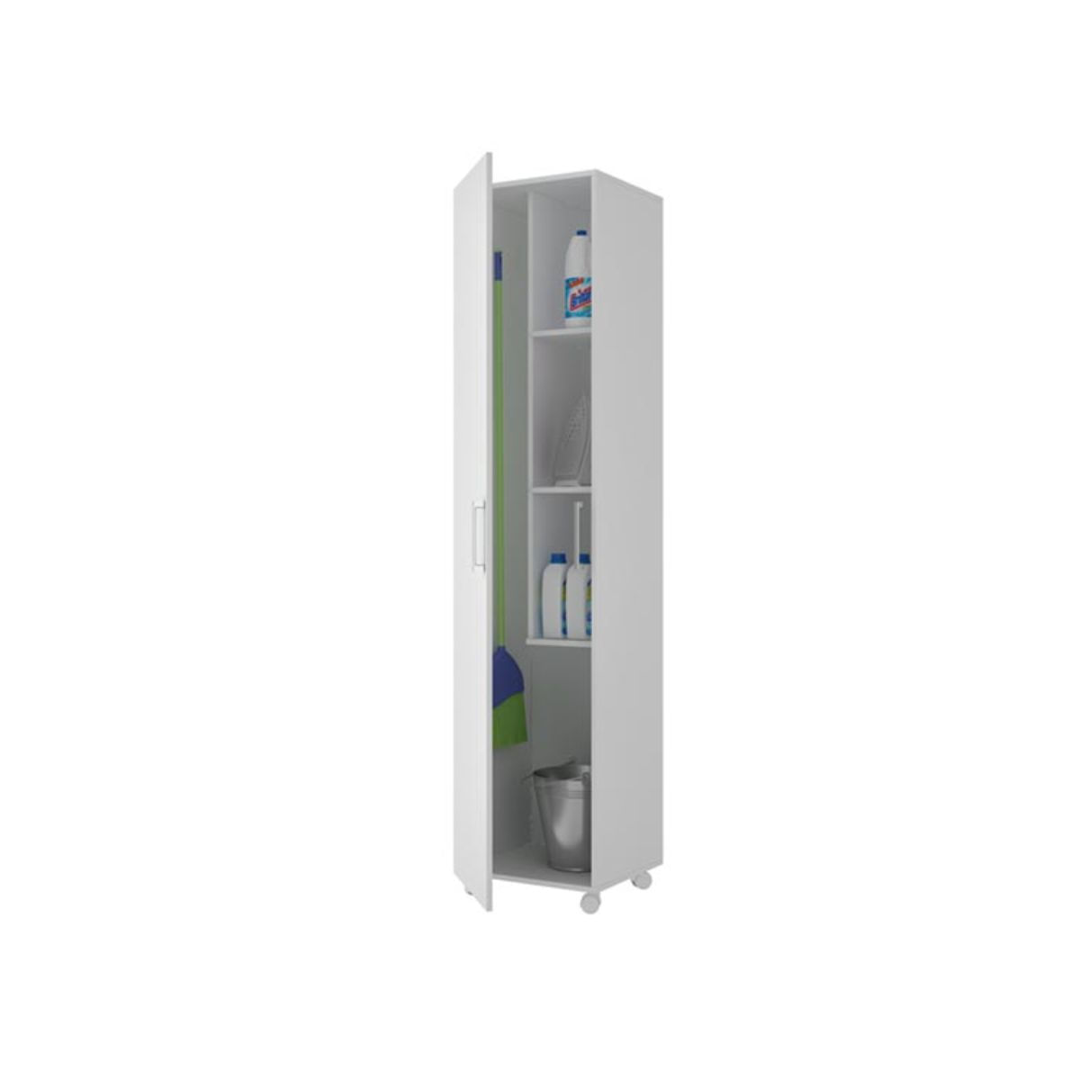 Armario-escobero-Oli-1-puerta---3-estantes---ruedas-blanco-185x41x41-cm