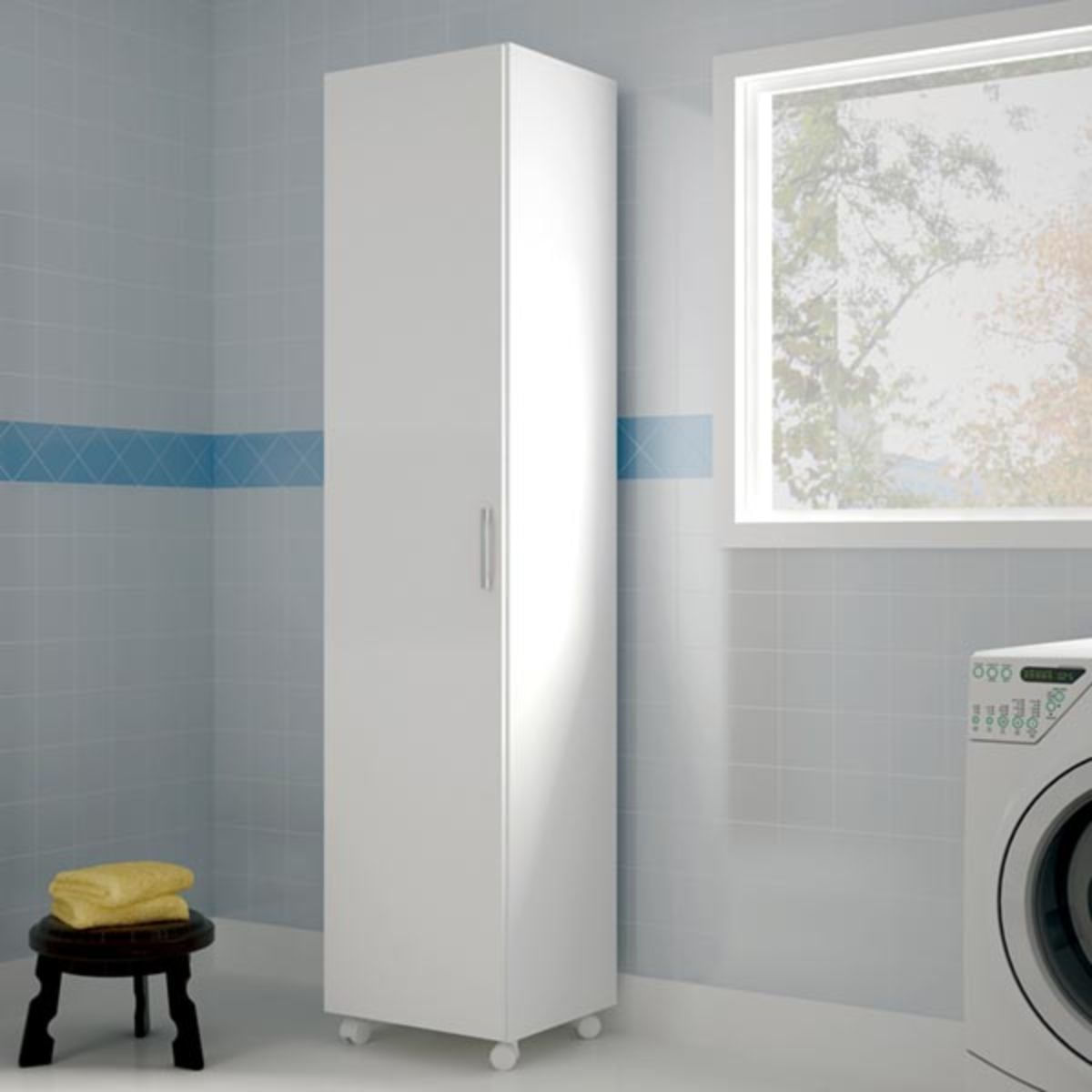 Armario-escobero-Oli-1-puerta---3-estantes---ruedas-blanco-185x41x41-cm