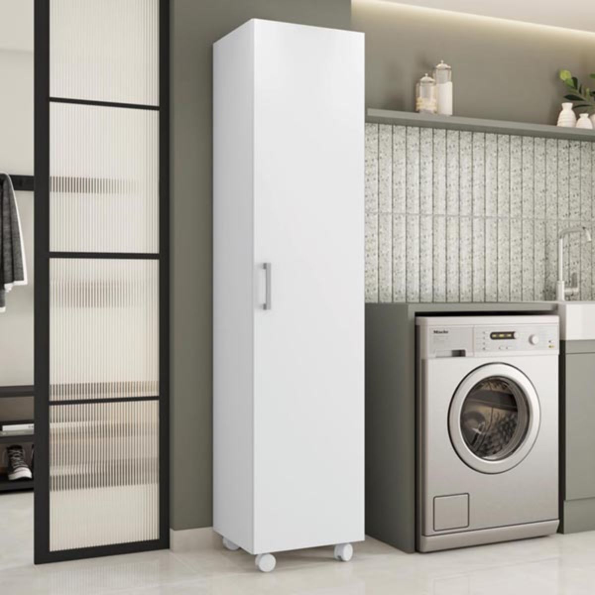 Armario-escobero-Oli-1-puerta---3-estantes---ruedas-blanco-185x41x41-cm