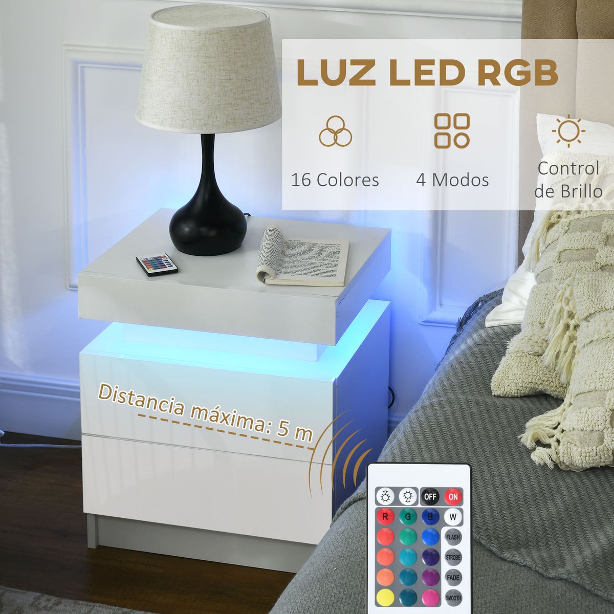 Mesita-de-noche-Venus-Homcom-4-modos-luz-LED---2-cajones---mando-blanco-52x35x45-cm
