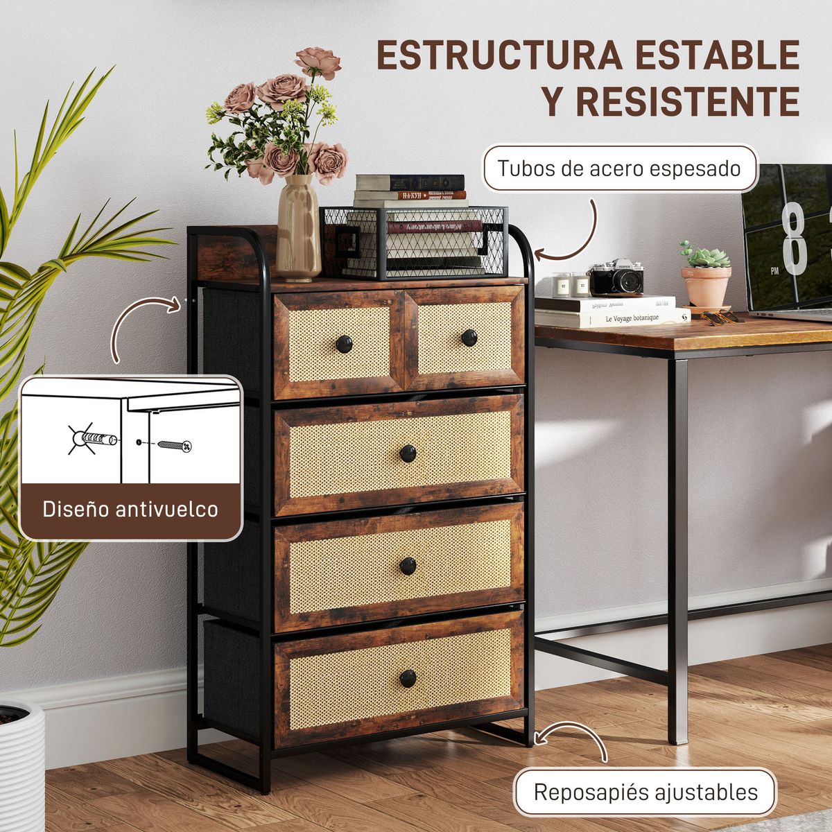 Comoda-Cleo-Homcom-3-cajones-grandes---2-cajones-pequeños-marron-99x58x29-cm-