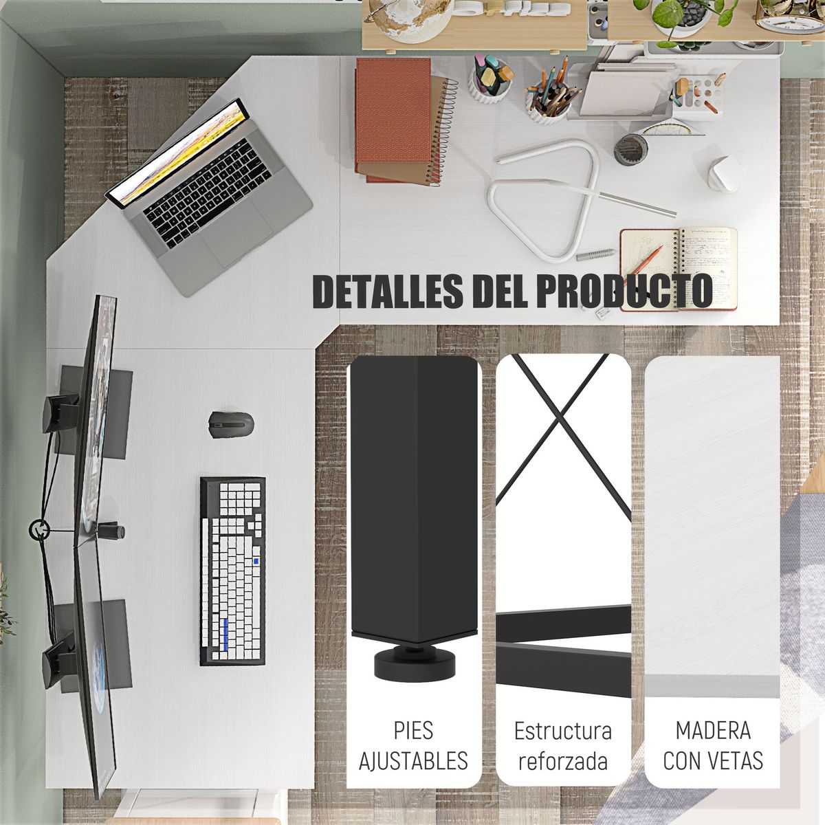 Escritorio-Frambuesa-Homcom-diseño-esquinero-blanco-76x150x150-cm