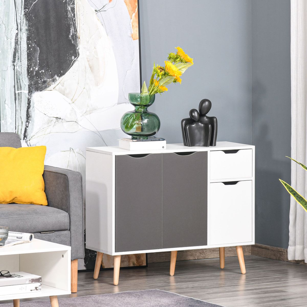 Aparador-Kiwi-Homcom-3-puertas---cajon-blanco-gris-72x90x30-cm-ambientada