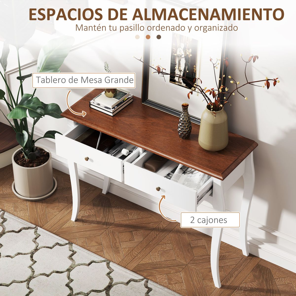 Consola-Kiwita-Homcom-2-cajones-marron-oscuro-blanco-765x100x35-cm