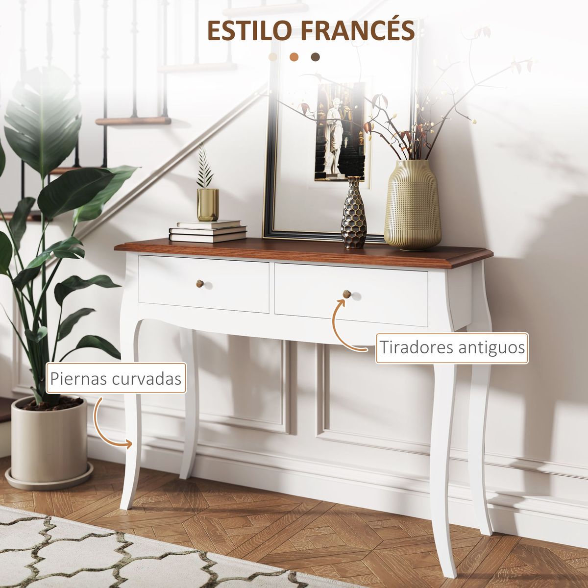Consola-Kiwita-Homcom-2-cajones-marron-oscuro-blanco-765x100x35-cm