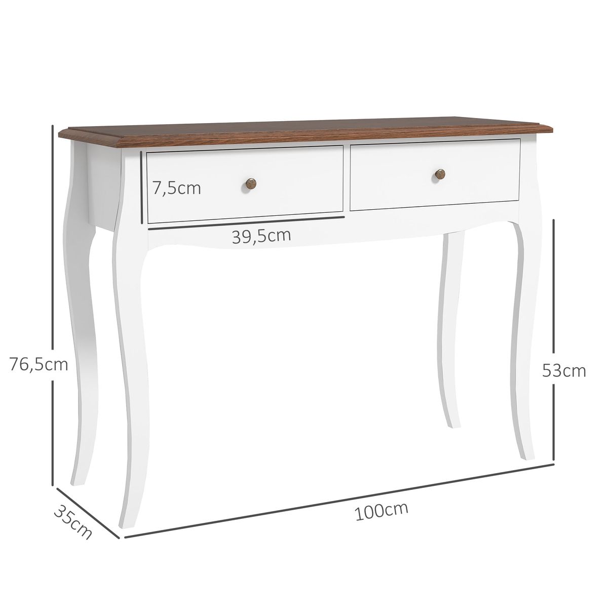 Consola-Kiwita-Homcom-2-cajones-marron-oscuro-blanco-765x100x35-cm-medidas