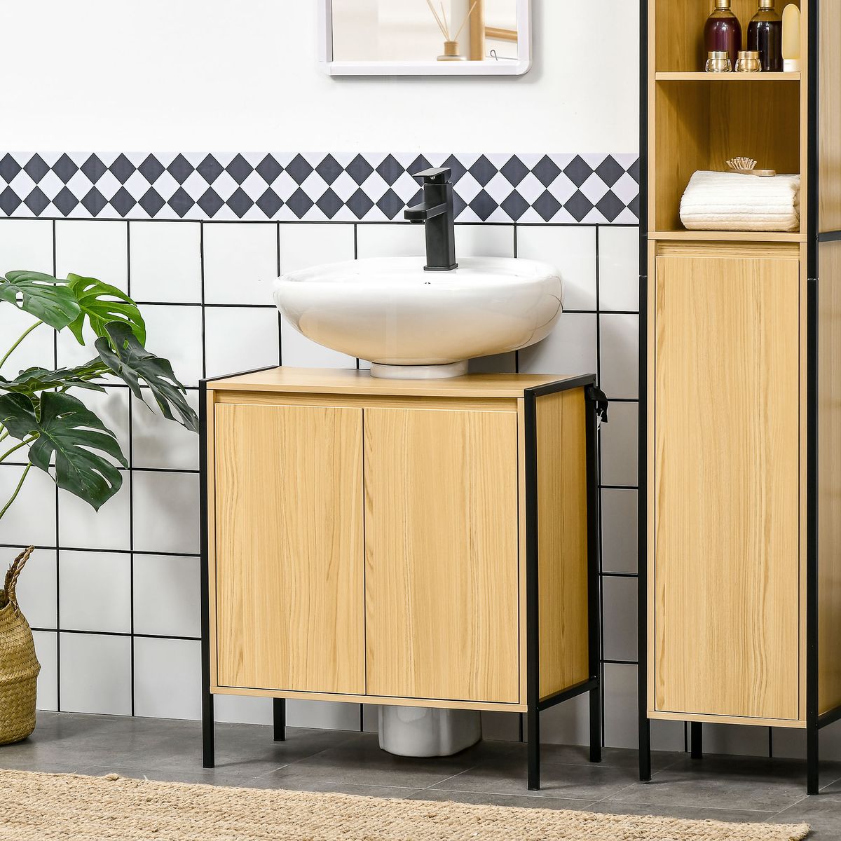 Mueble-de-baño-Colmar-Kleankin-2-puertas---2-estantes-natural-negro-652x60x30-cm-fondo-blanco