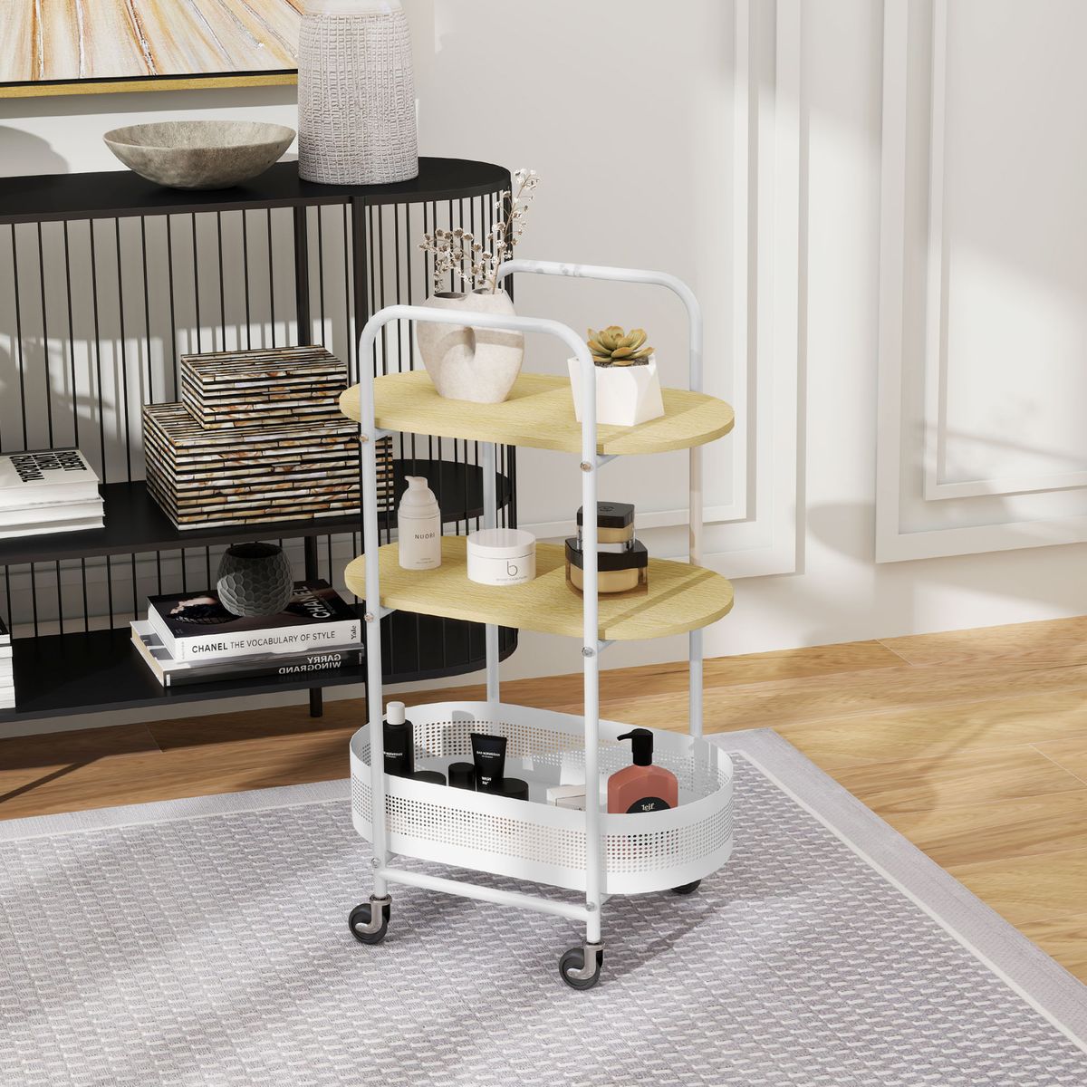 Carrito-auxiliar-Vainilla-Homcom-1-cesta---2-estantes-blanco-natural-825x495x325-cm-