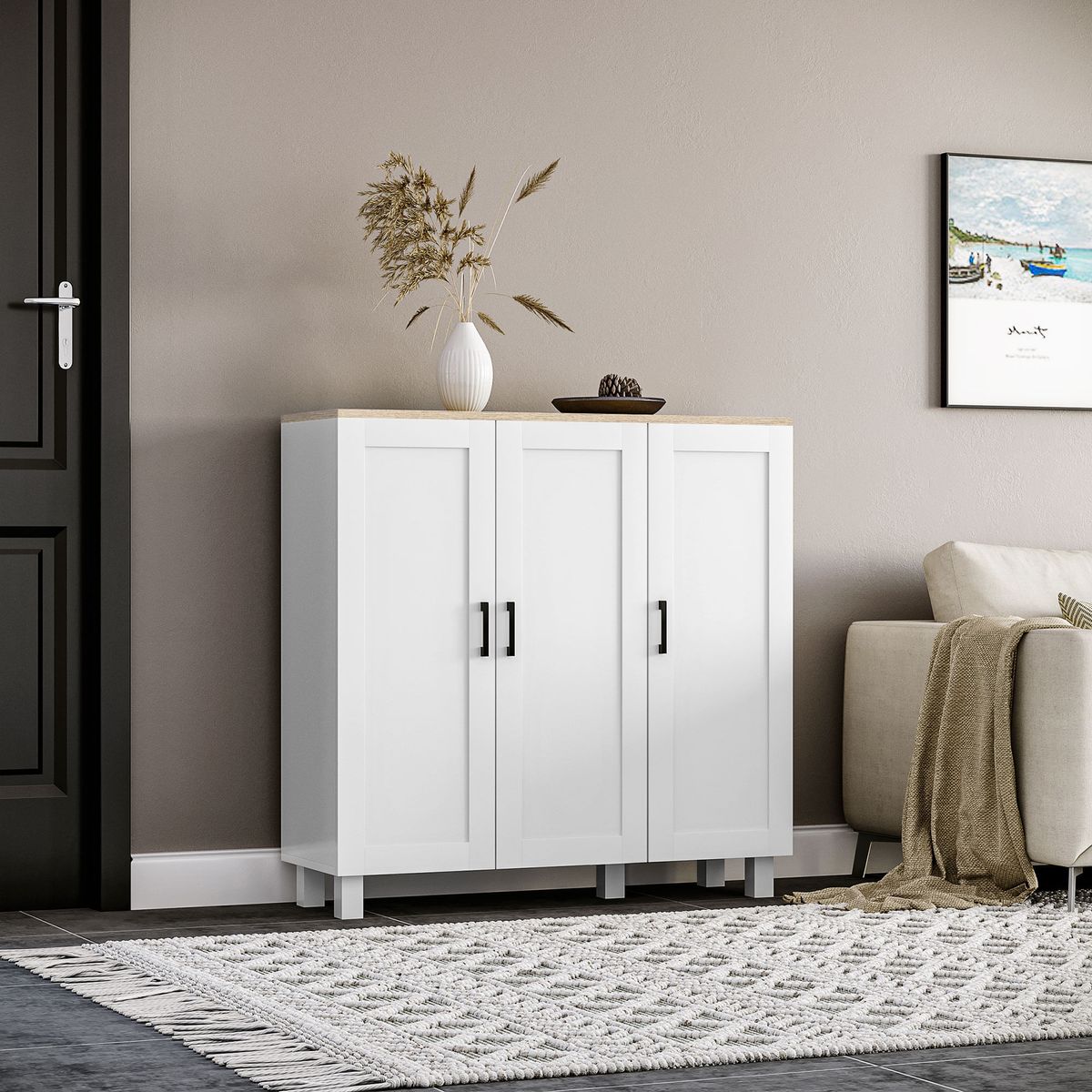 Aparador-Galatea-Homcom-3-puertas---estantes-ajustables-blanco-90x90x30-cm-