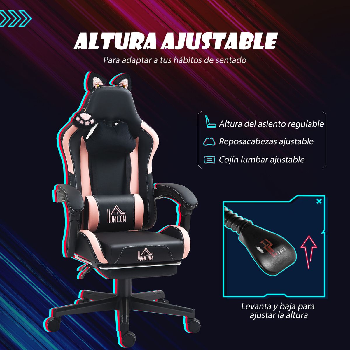 Silla-gaming-Cat-Homcom-2-cojines---reposapies-116-124x65x62-cm