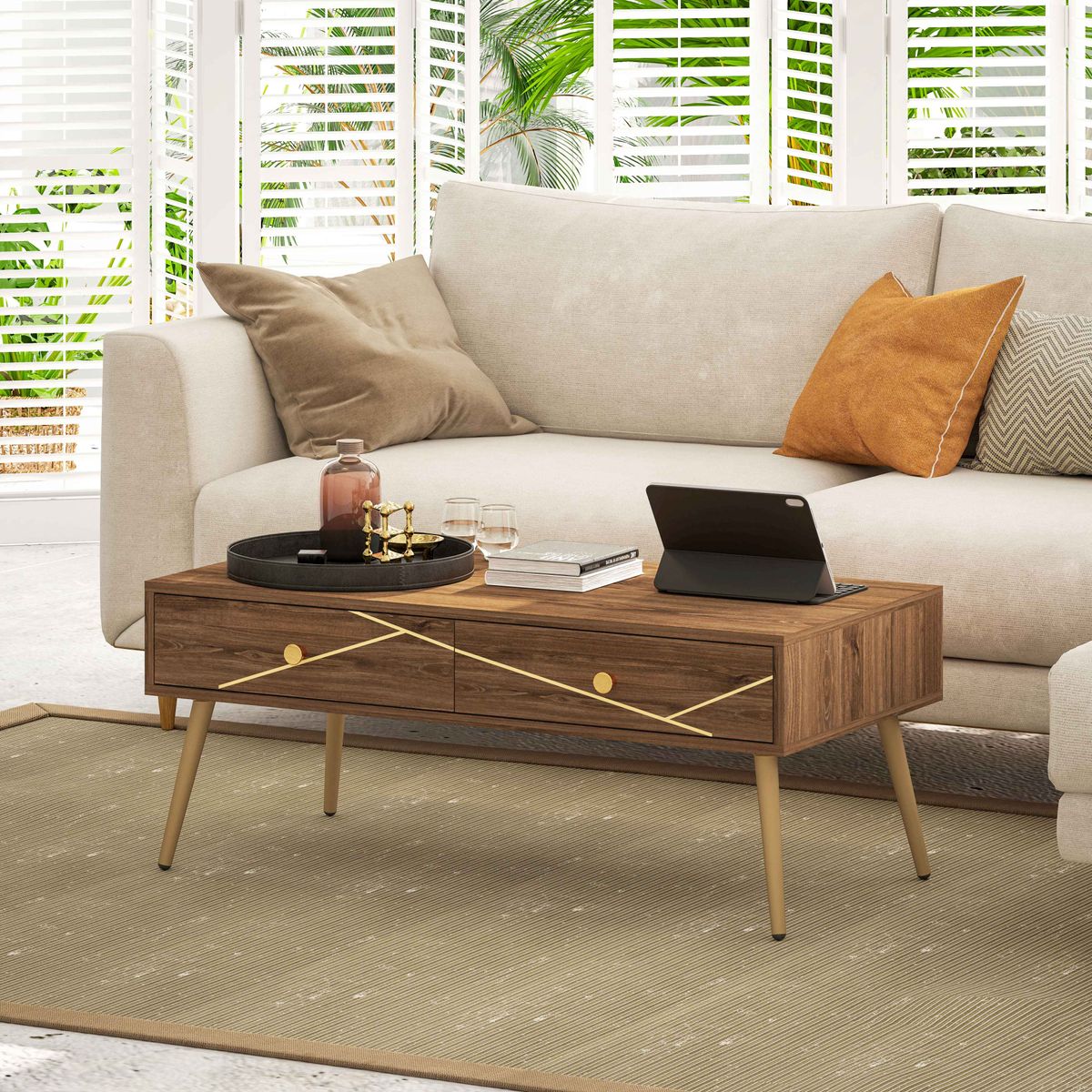Mesa-de-centro-Bohio-2-cajones---patas-acero-marron-41x100x50-cm-ambientada-salon