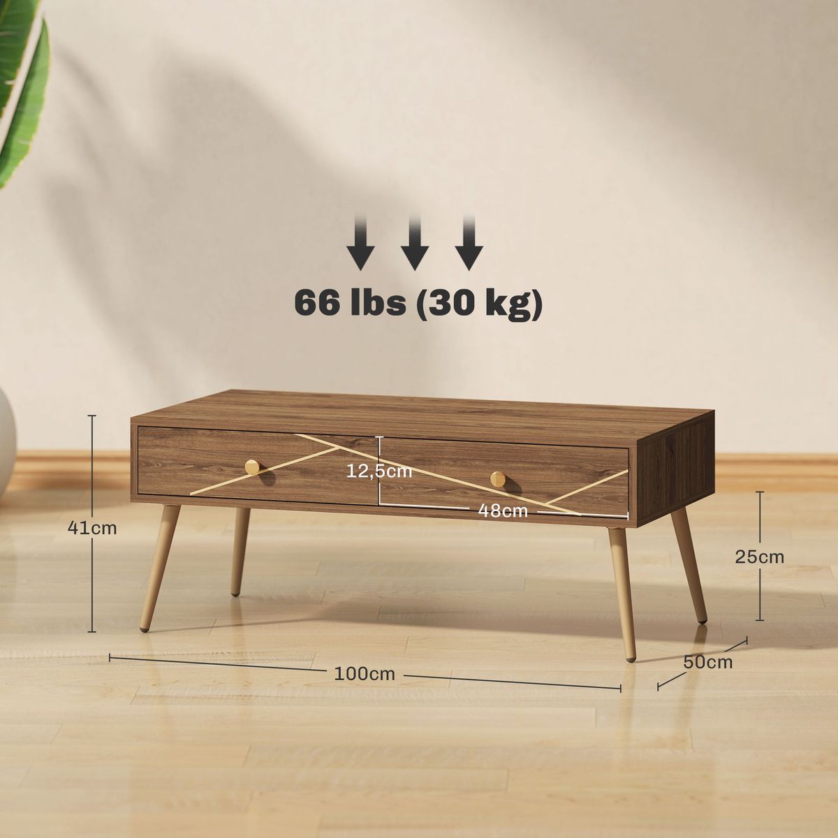 Mesa-de-centro-Bohio-2-cajones---patas-acero-marron-41x100x50-cm-ambientada-medidas