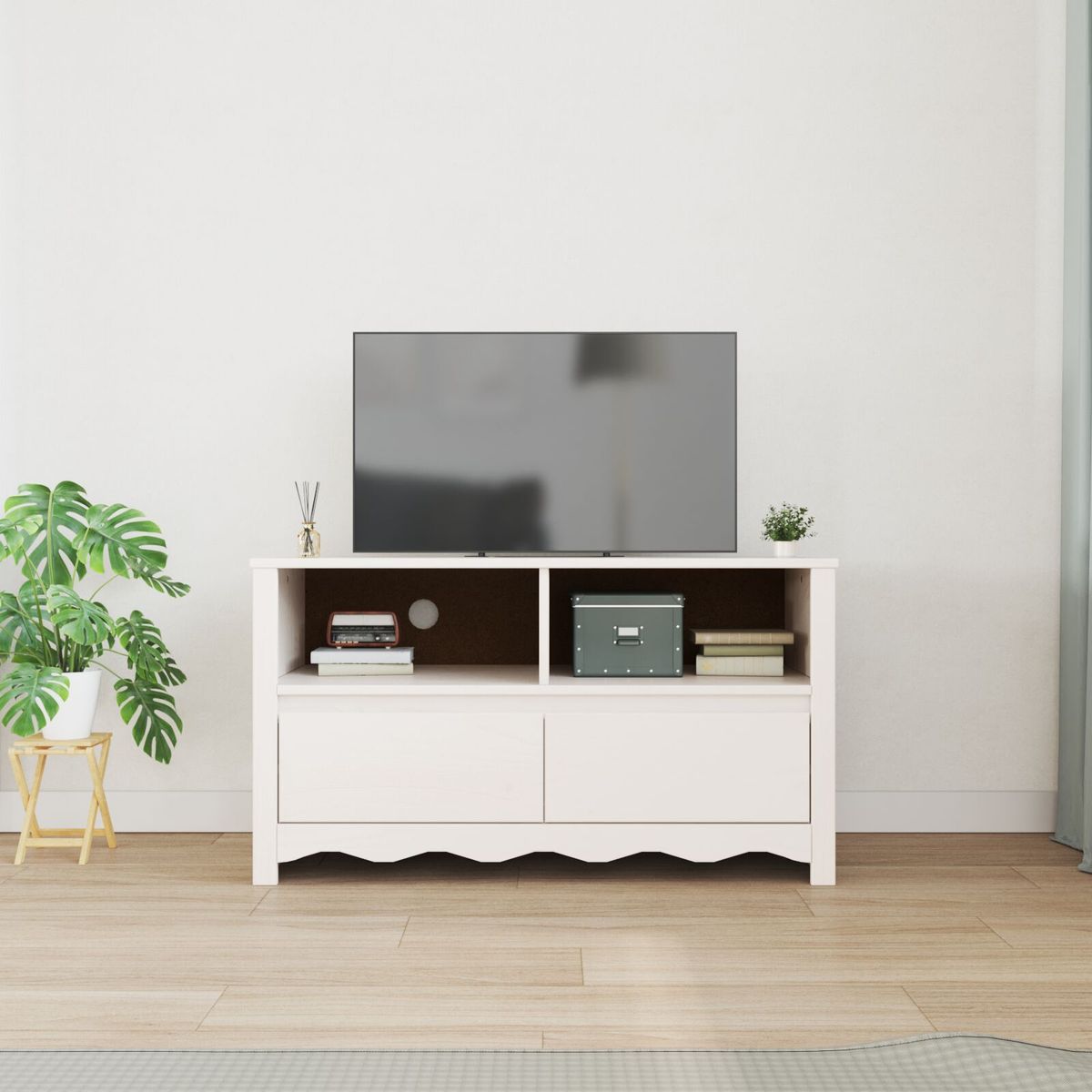 Mueble-de-TV-Singapur-2-cajones---2-compartimentos-blanco-55x99x43-cm-ambientada-frontal