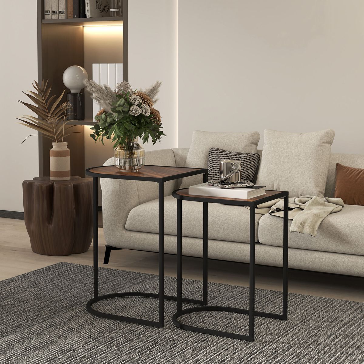 Set-de-2-mesas-auxiliares-Castaño-Homcom-diseño-fijo-marron-oscuro-ambientada-salon
