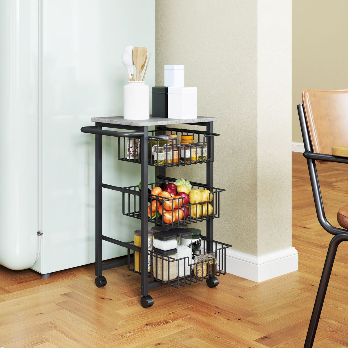 Carrito-auxiliar-Banana-Homcom-3-cestas---ruedas-negro-69x495x31-cm-