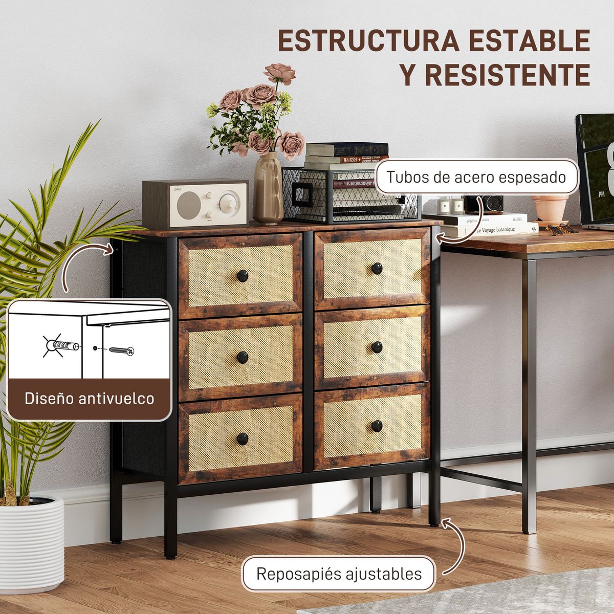 Cajonera-Caramel-Homcom-6-cajones-negro-marron-83x88x30-cm-