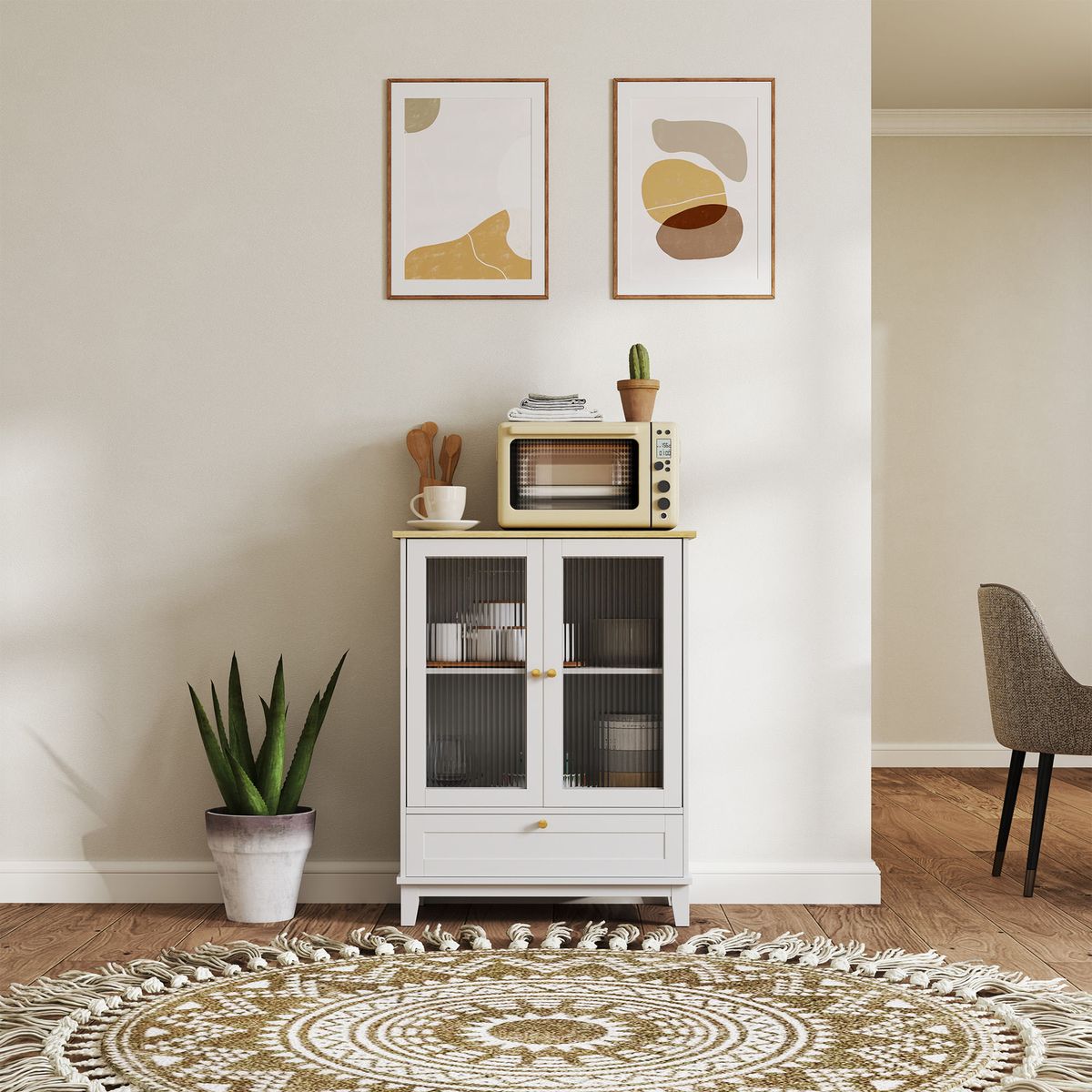 Aparador-Milan-Homcom-cajon---armario-blanco-natural-85x68x35-cm-ambientada-frontal