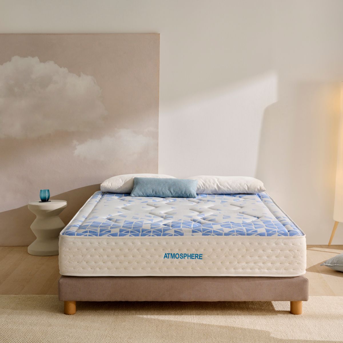 Colchon-viscoelastico-Atmosphere-nucleo-muelles-ensacados-blanco-azul-30-cm-frontal