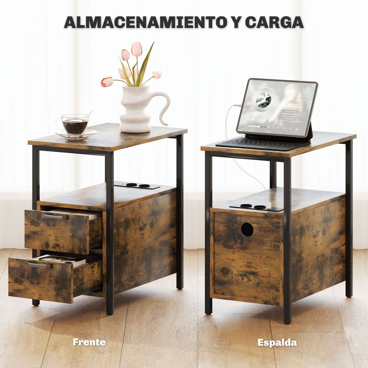 Mesa-auxiliar-Tennessee-Homcom-2-cajones---estacion-de-carga-negro-marron-585x55x35-cm-