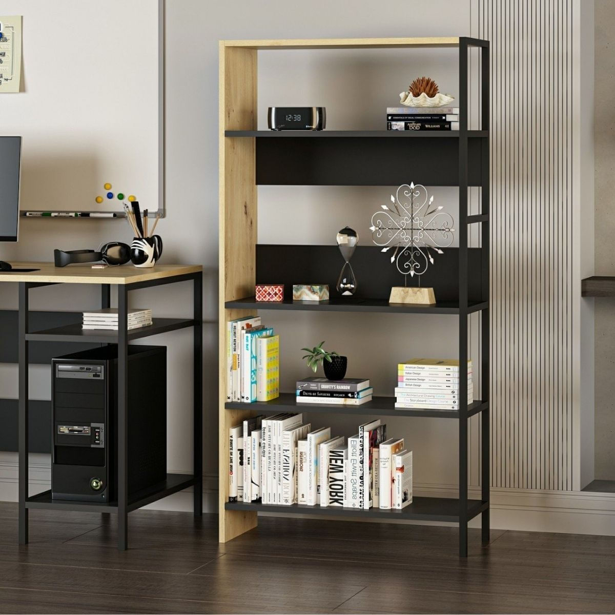 Estanteria-Tiran-Bookcase-4-estantes-roble-negro-150x76x30-cm-