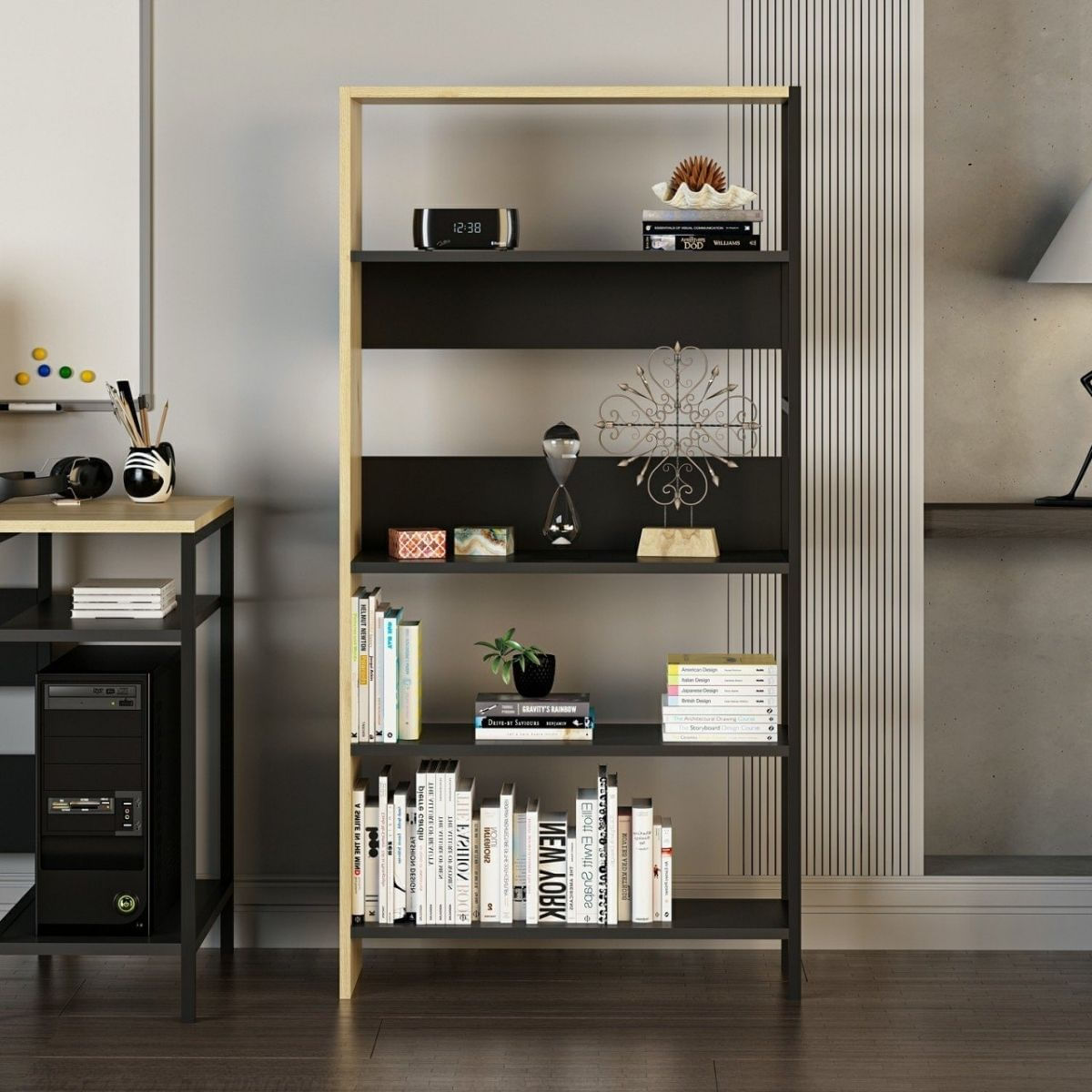 Estanteria-Tiran-Bookcase-4-estantes-roble-negro-150x76x30-cm-