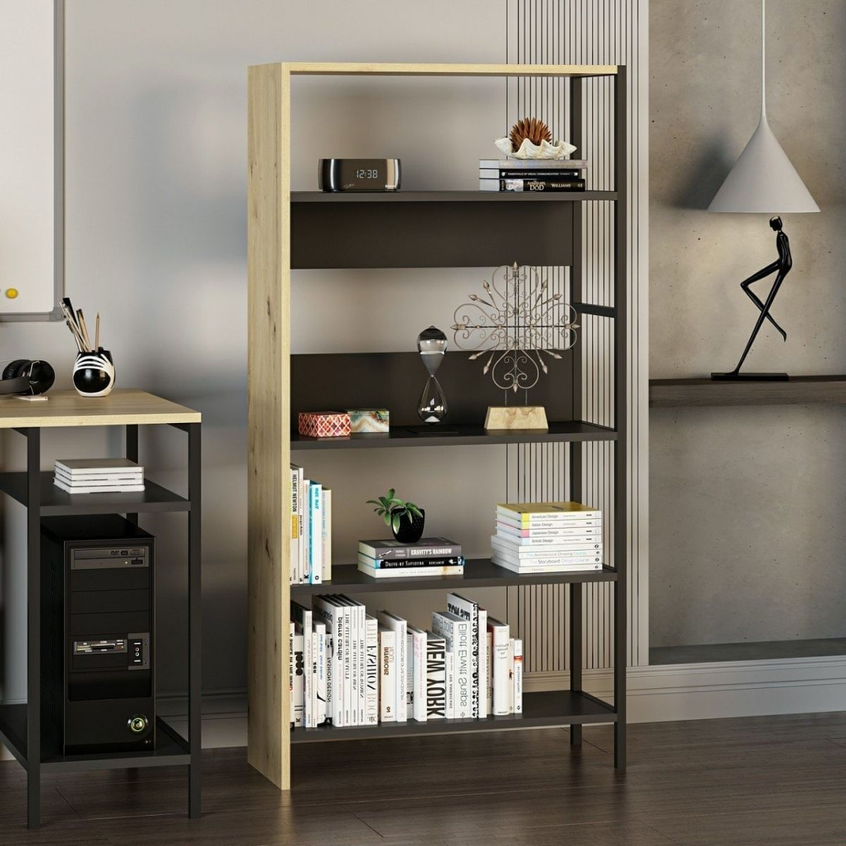 Estanteria-Tiran-Bookcase-4-estantes-roble-negro-150x76x30-cm-
