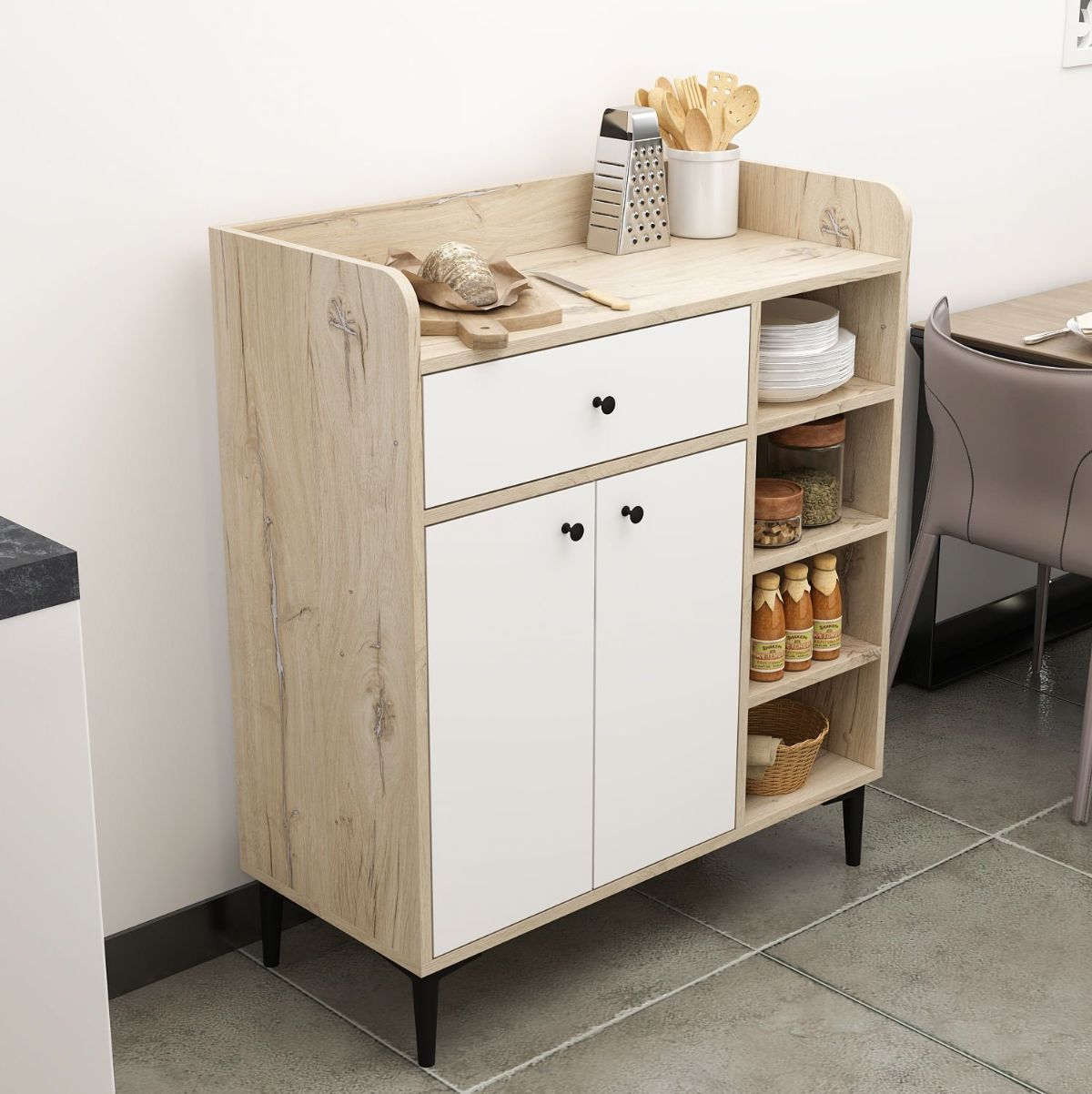 Aparador-Reyna-armario---cajon---4-compartimentos-natural-blanco-105x90x40-cm-ambientada-lateral