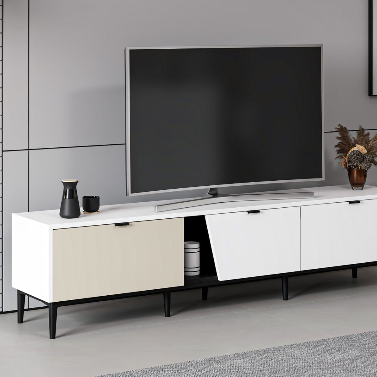 Aparador-Yelena-4-cajones---2-puertas-blanco-beige-90x180x45-cm-