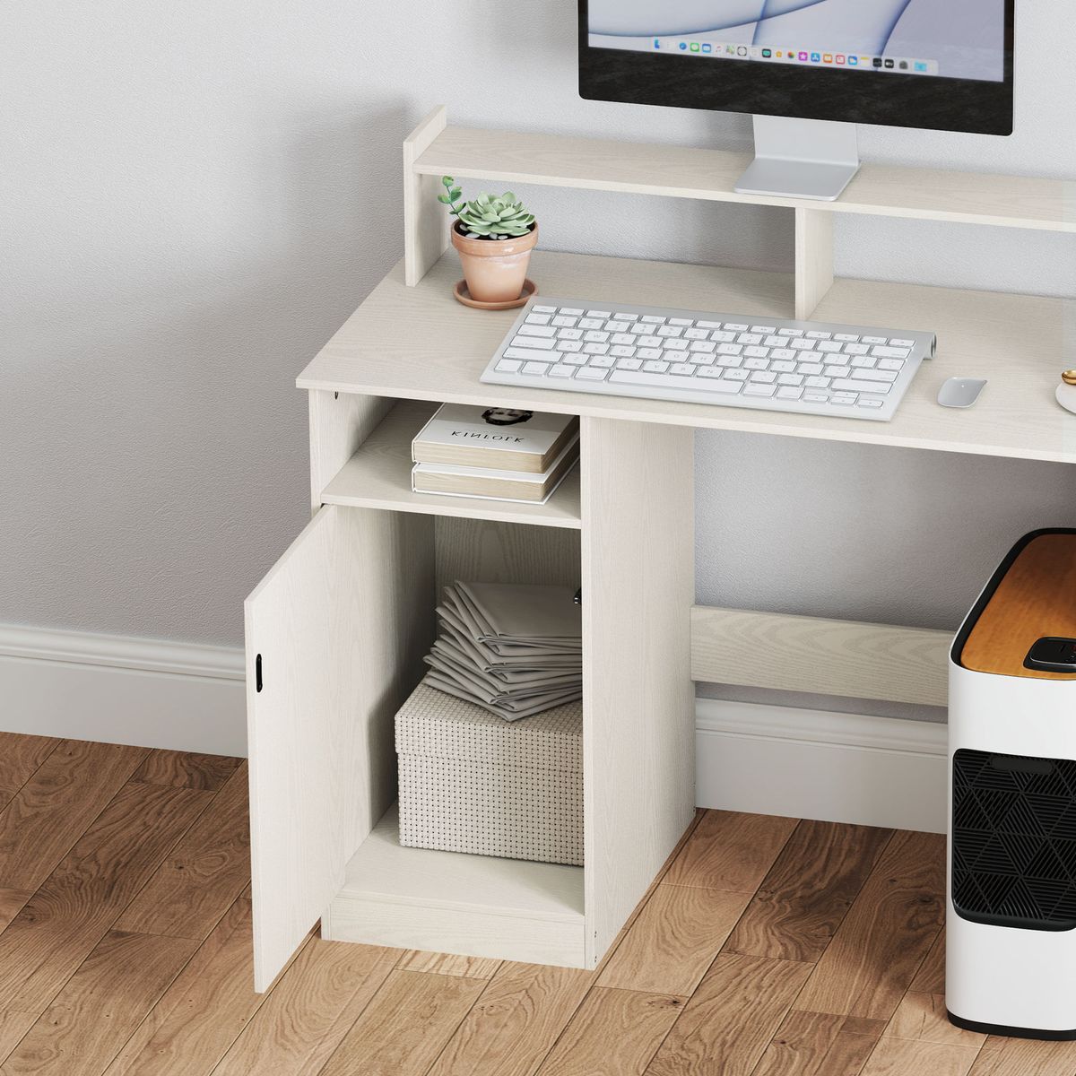 Escritorio-Celeste-Homcom-soporte-para-monitor---armario-crema-94x108x50-cm-detalle