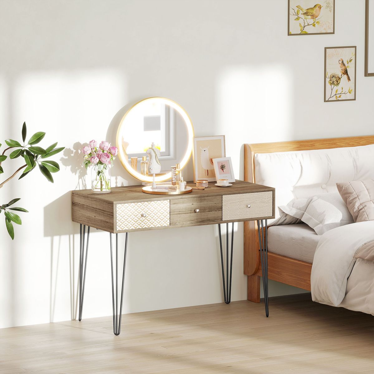 Escritorio-Bohemia-Homcom-3-cajones-natural-75x105x50-cm-ambientada-dormitorio