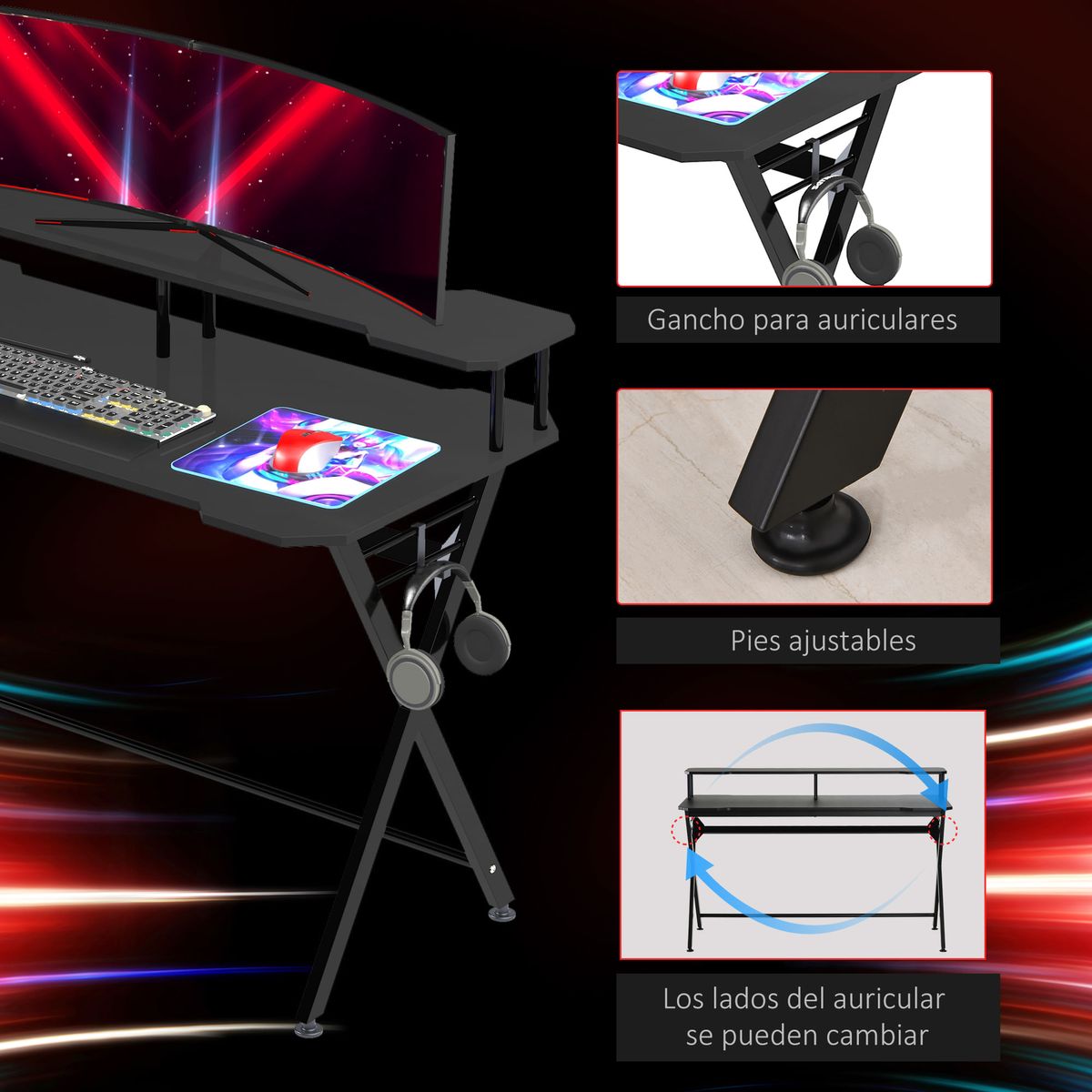 Escritorio-gaming-Fawkes-Homcom-estante-elevado---gancho-negro-90x140x60-cm