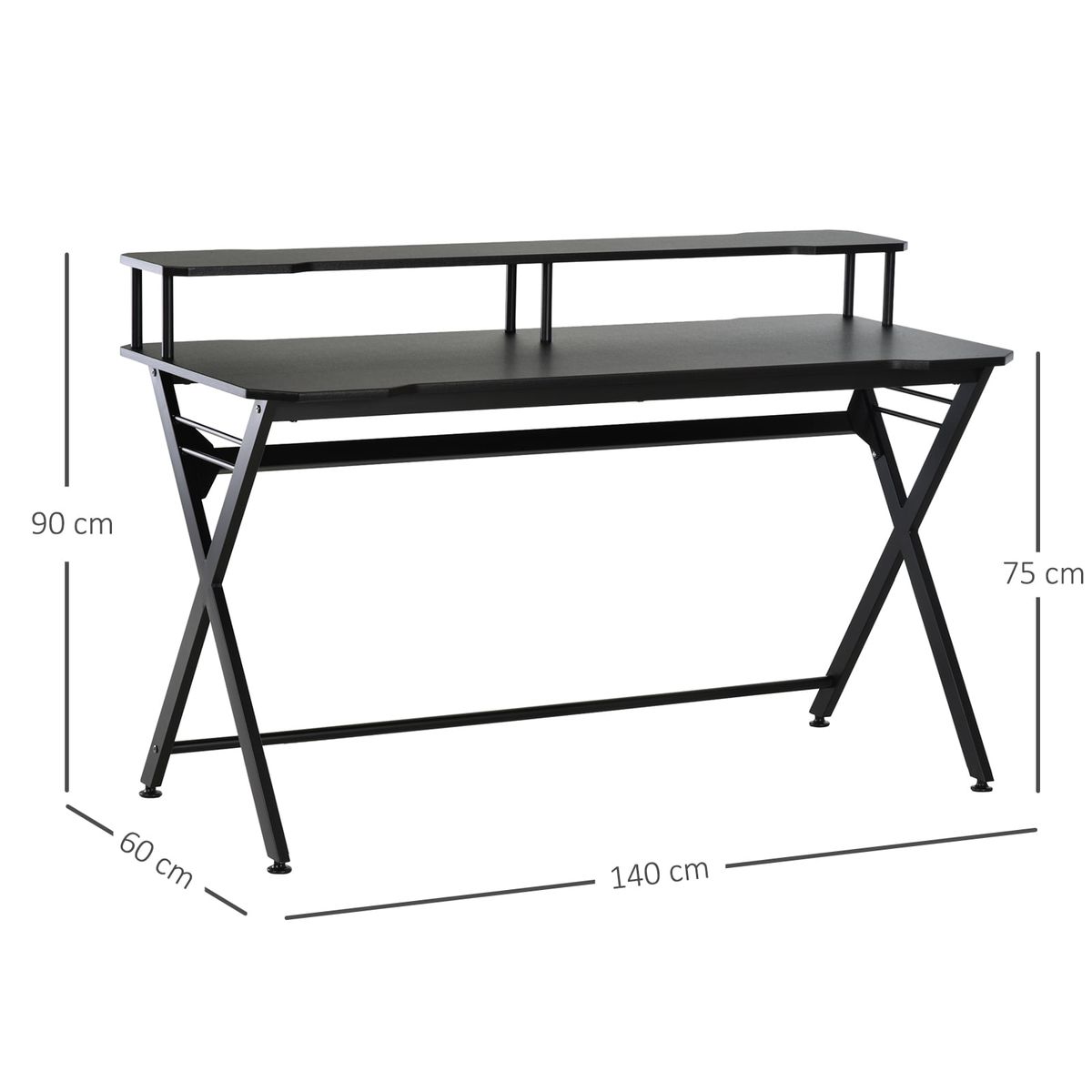 Escritorio-gaming-Fawkes-Homcom-estante-elevado---gancho-negro-90x140x60-cm-medidas