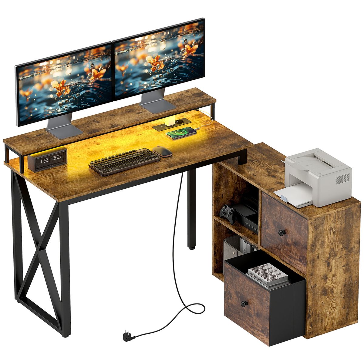 Escritorio-Pigwidgeon-Homcom-luz-LED---estacion-de-carga---estanteria-natural-fondo-blanco