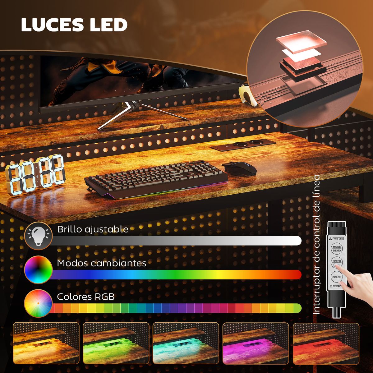 Escritorio-Pigwidgeon-Homcom-luz-LED---estacion-de-carga---estanteria-natural