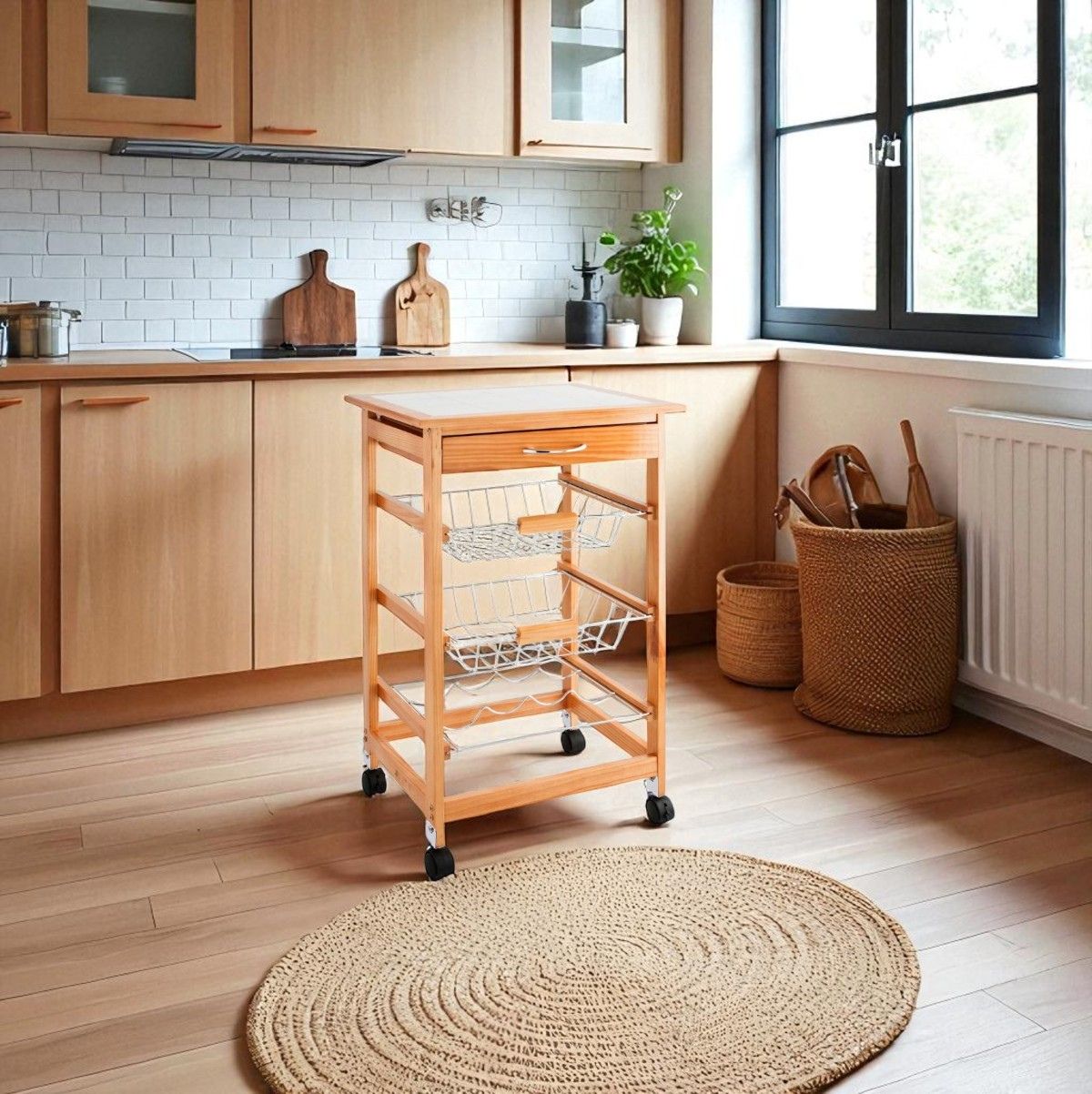 Carrito-auxiliar-Garbo-Quid-2-cestas---botellero---cajon-natural-blanco-76x47x37-cm