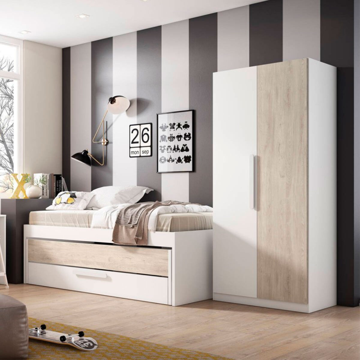 Cama-nido-Estelle-2-camas-1-cajon-blanco-mate-Sahara-ambiente-dormitorio