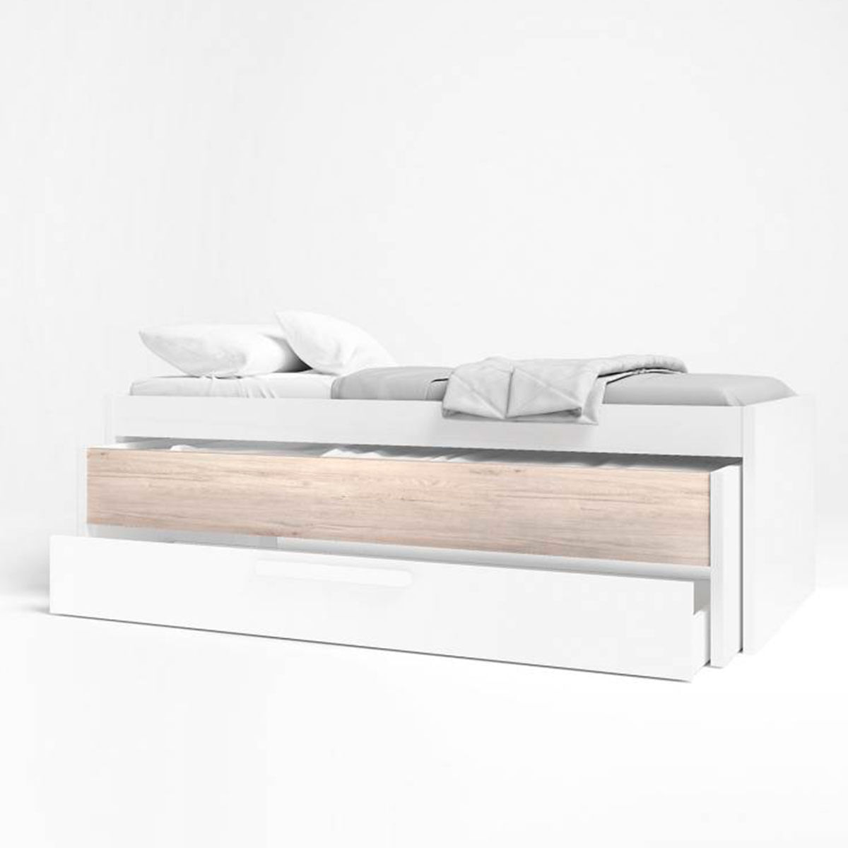 Cama-nido-Estelle-2-camas-1-cajon-blanco-mate-Sahara-cajon-abierto