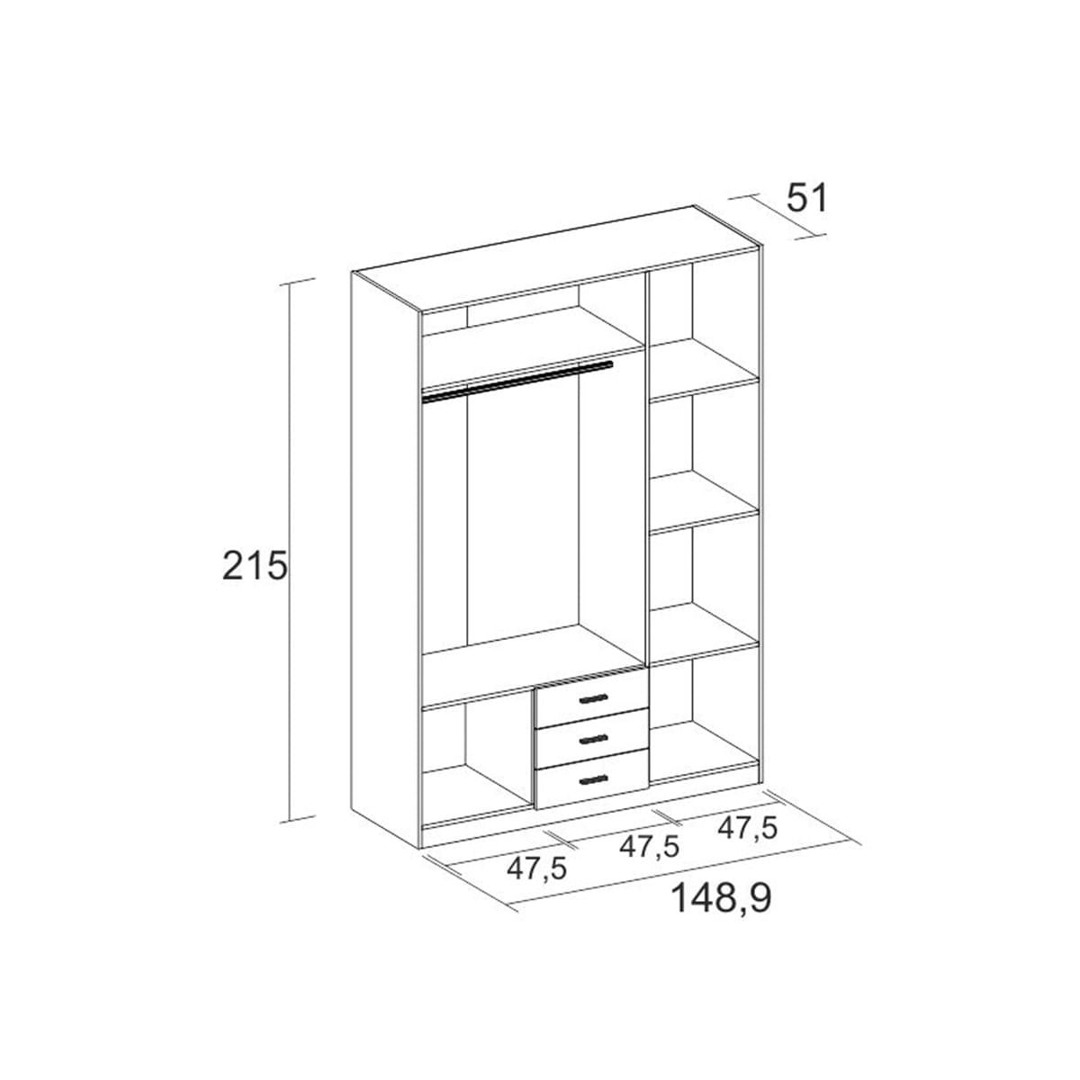 Armario-Roma-3-puertas---3-cajones-con-espejo-blanco-mate-150x215-cm--medidas