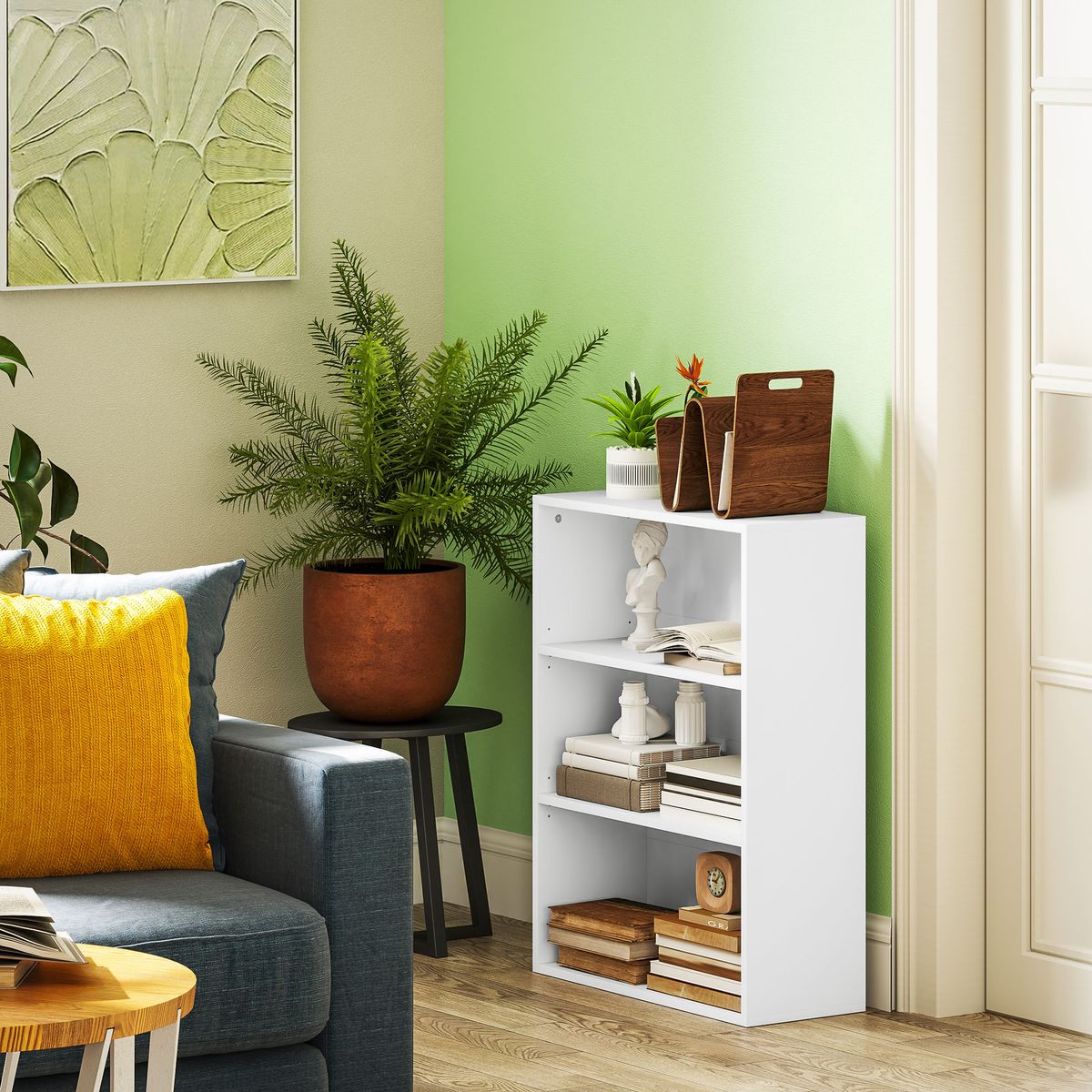 Estanteria-Waddles-Homcom-3-niveles-blanco-80x60x24-cm-ambientada