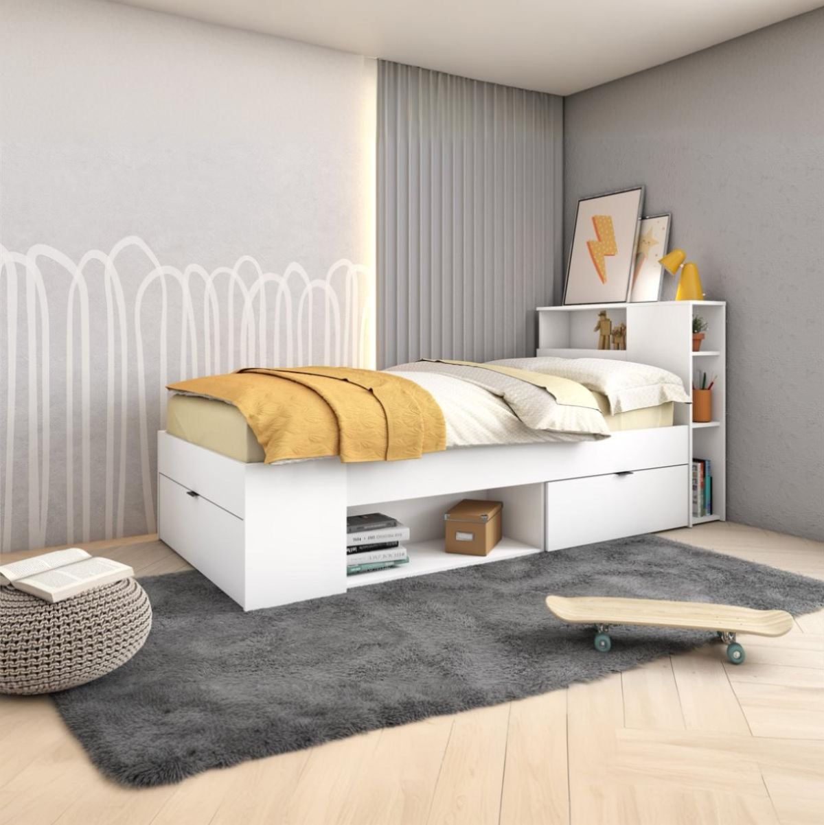 Cama-compacta-Ronin-con-cabecero-blanco-mate-90x190-cm-ambientada