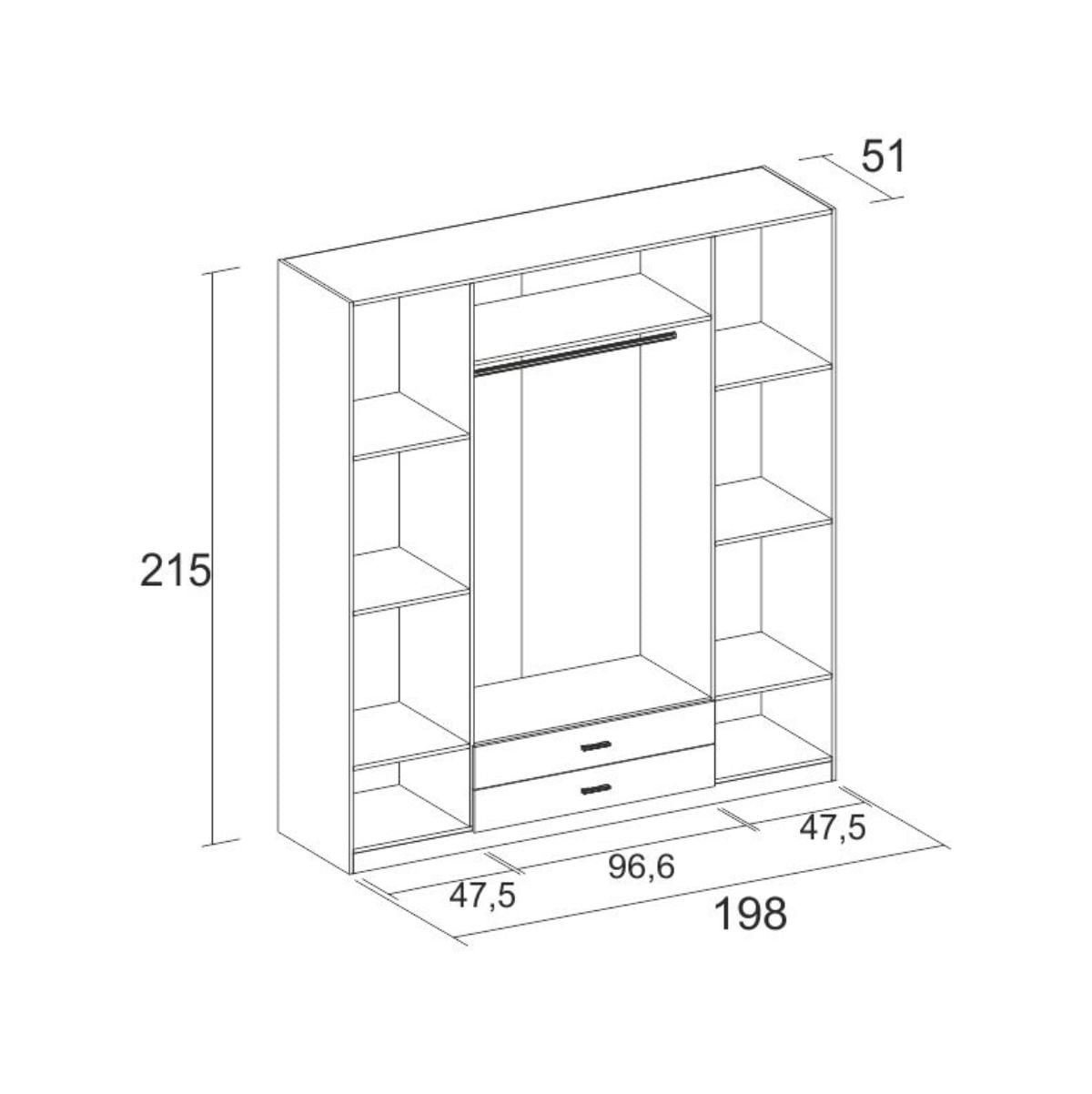 Armario-Roma-4-puertas-abatibles-con-2-cajones-blanco-mate-2155x198x526-cm-medidas