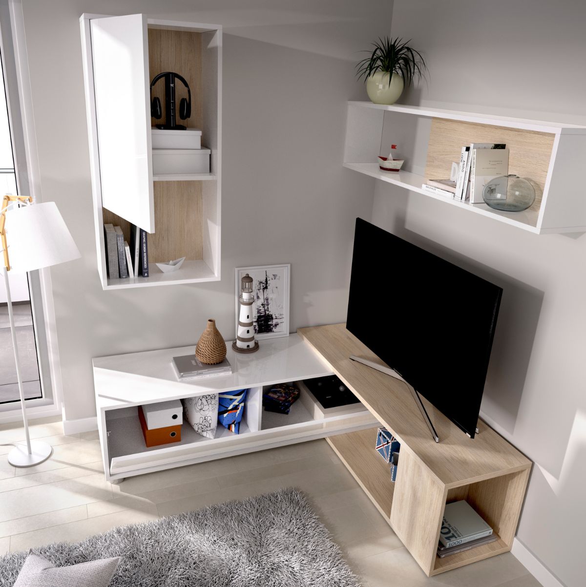 Composicion-de-salon-Obi-modulo-superior-con-vitrina-y-mueble-de-TV-blanco-natural-interior
