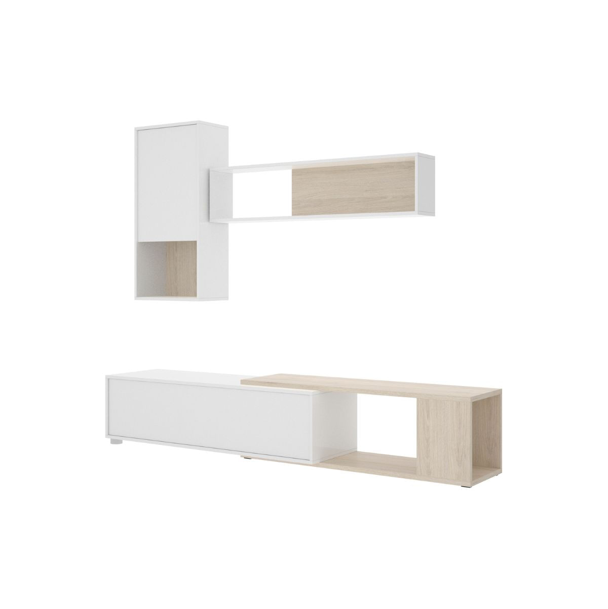 Composicion-de-salon-Obi-modulo-superior-con-vitrina-y-mueble-de-TV-blanco-natural-fondo-blanco